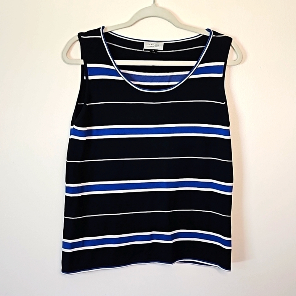 Tahari Black Blue White Stripe Sleeveless Top Size 14